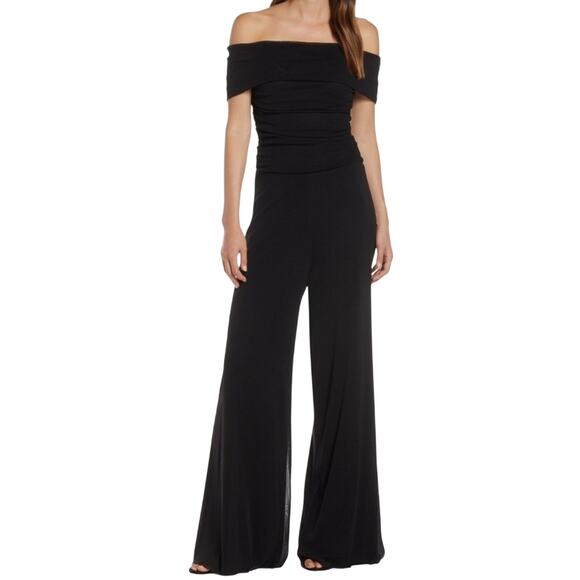 ELIZA J Ruched Bodice Off the Shoulder Mesh Formal Chic JUMPSUIT Size 20W Black - Picture 1 of 15